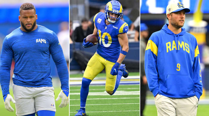 Aaron Donald stands in a warm up shirt; Cooper Kupp runs with the ball in his hand; Matthew Stafford stands with his hands in his pocket